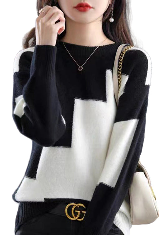 Kvinders O-hals Sweater med Patchwork Design 0