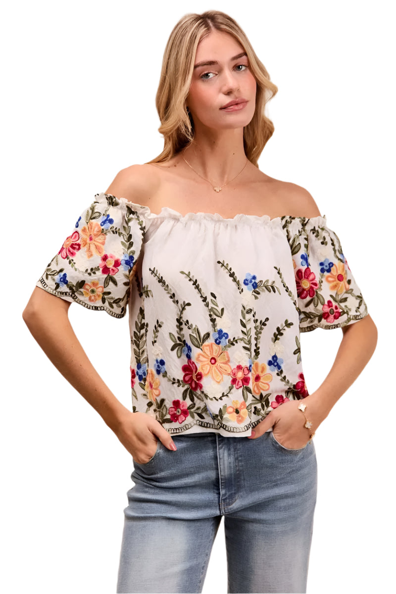 Kvinders Off The Shoulder Bluse Broderet Rayon Polyester 0
