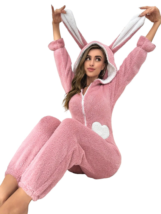 Kvinders Onesie Med Hætte Og Kaninører Komfortabel Langærmet Design 0