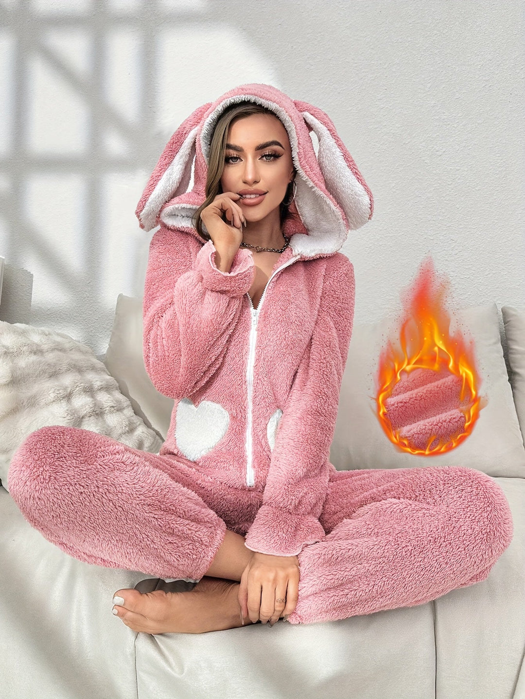Kvinders Onesie Med Hætte Og Kaninører Komfortabel Langærmet Design 1