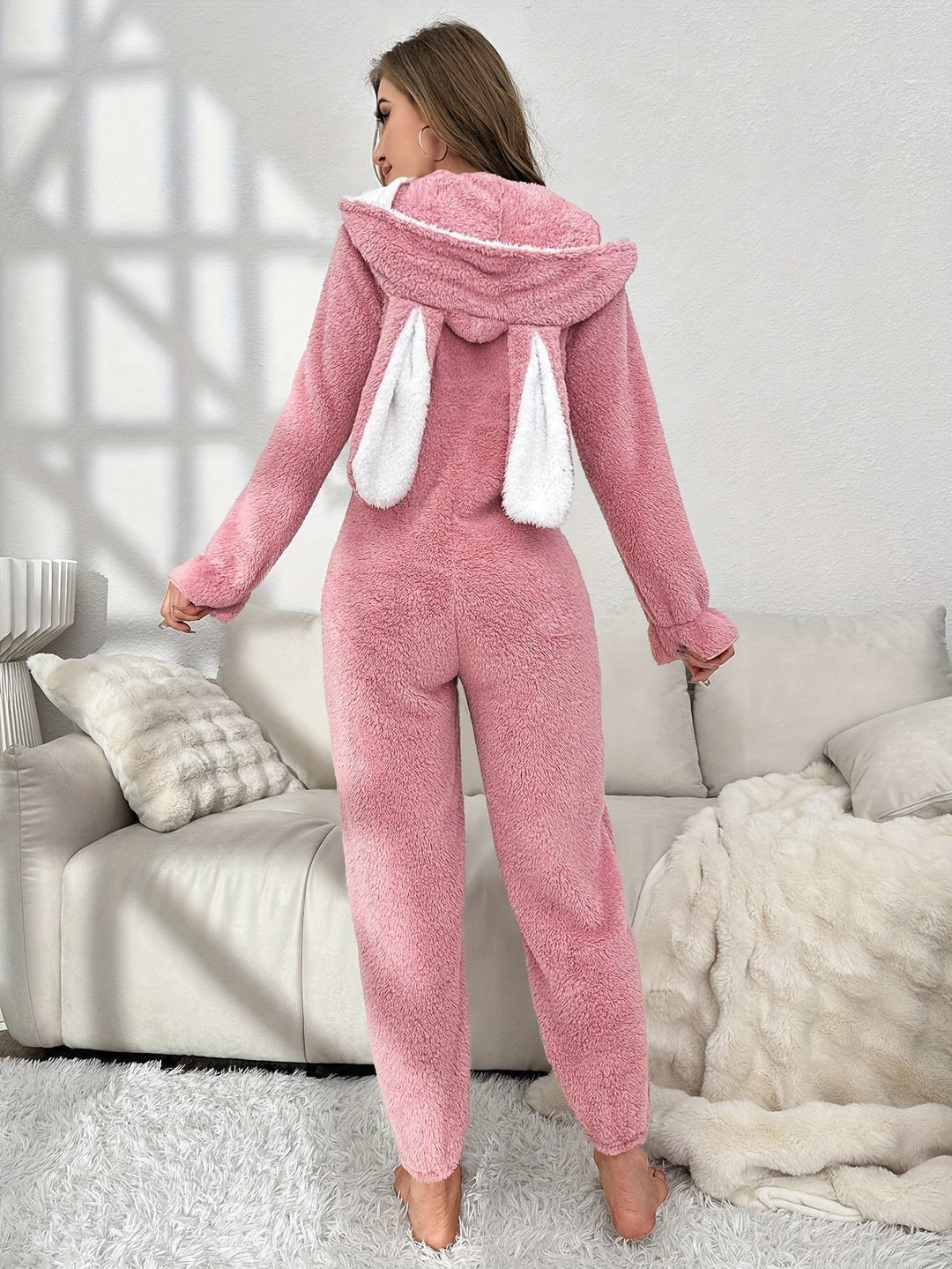 Kvinders Onesie Med Hætte Og Kaninører Komfortabel Langærmet Design 2