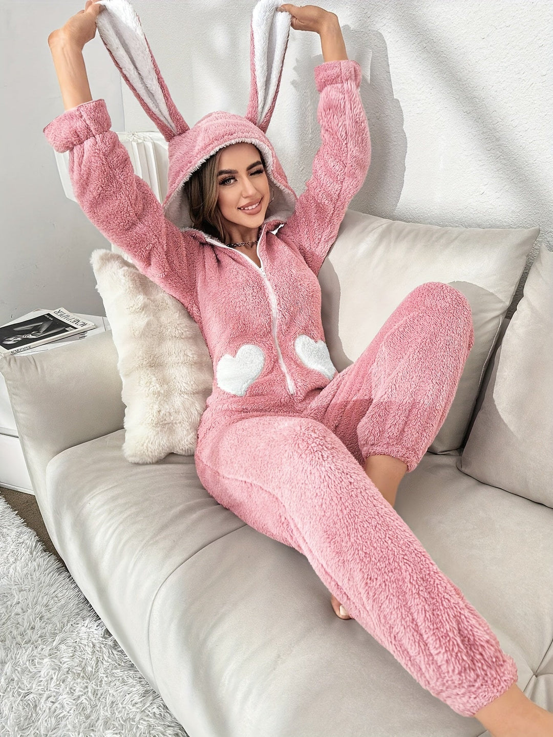 Kvinders Onesie Med Hætte Og Kaninører Komfortabel Langærmet Design 3