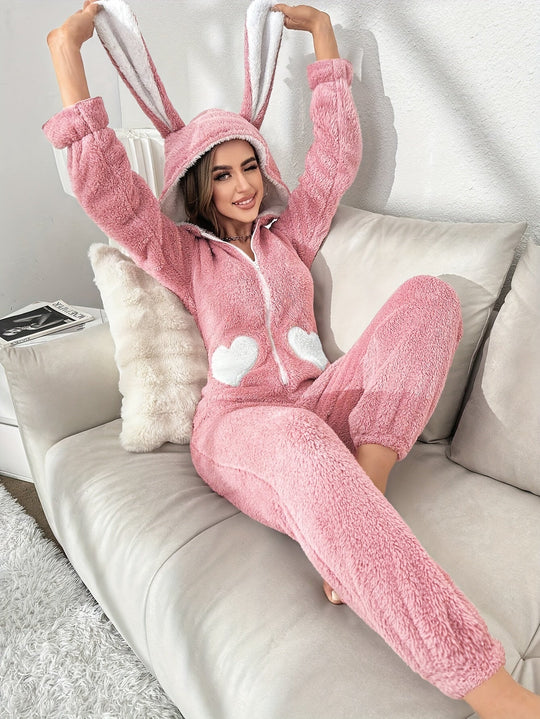 Kvinders Onesie Med Hætte Og Kaninører Komfortabel Langærmet Design 3