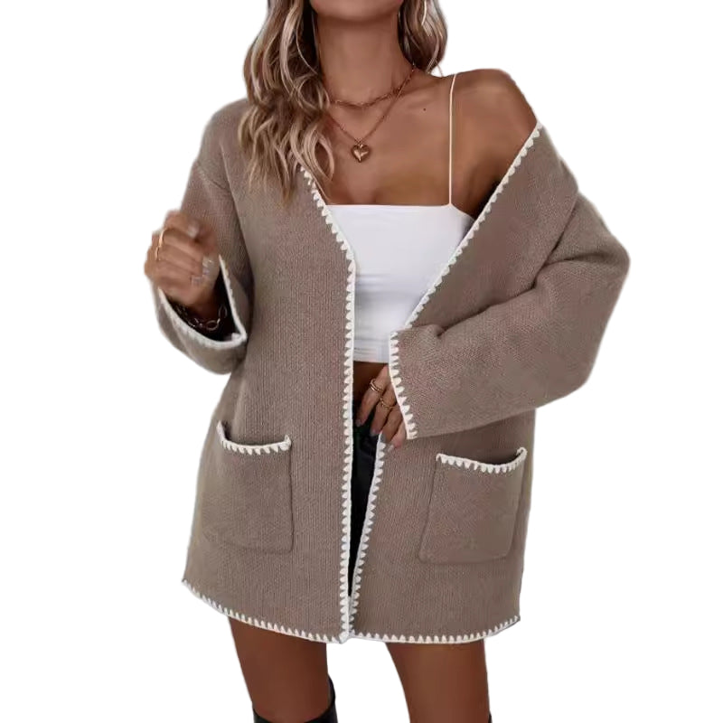 Kvinders Oversized Cardigan med Åben Front og Ribbet Trim 0