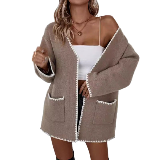 Kvinders Oversized Cardigan med Åben Front og Ribbet Trim 0