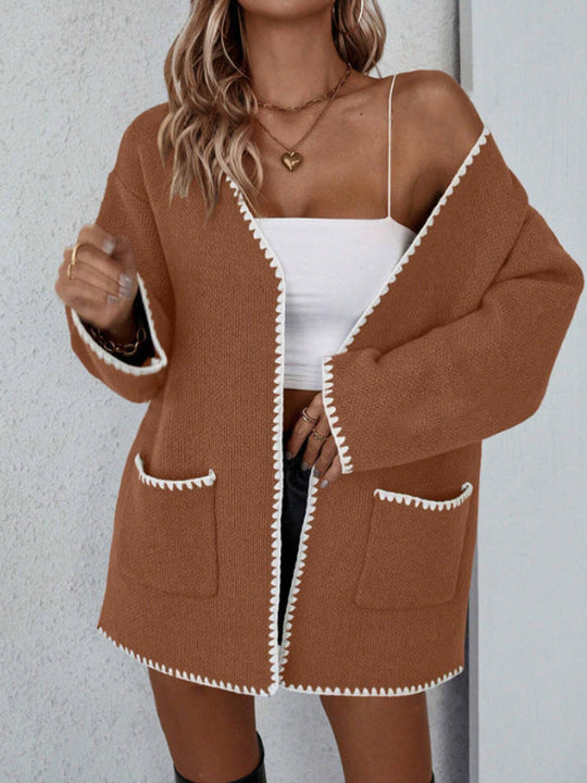 Kvinders Oversized Cardigan med Åben Front og Ribbet Trim 3