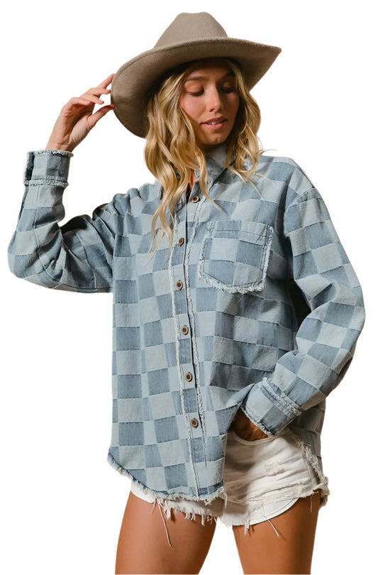 Kvinders Oversized Denim Skjorte Tjekket 100% Bomuld Frayed Kant 0
