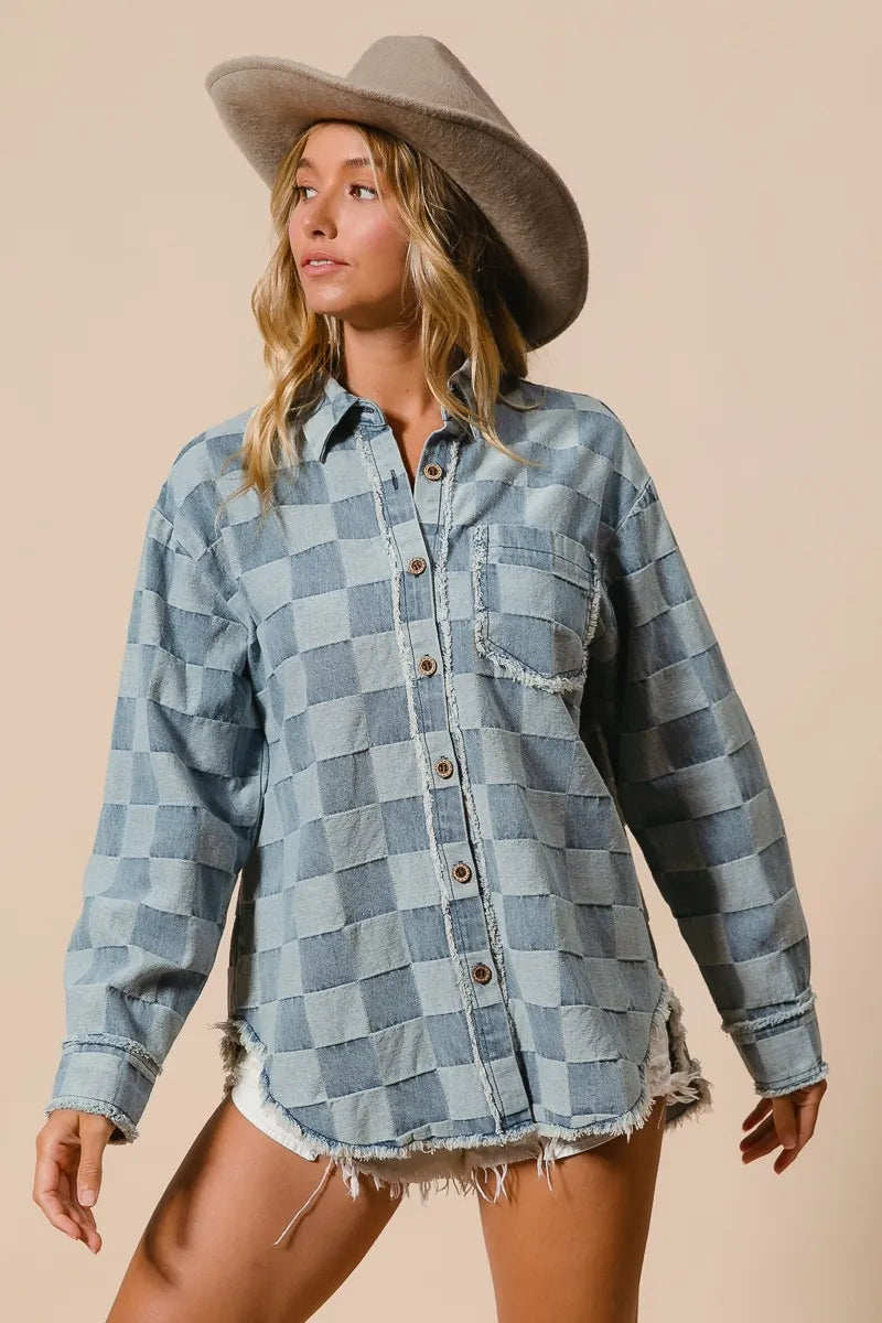 Kvinders Oversized Denim Skjorte Tjekket 100% Bomuld Frayed Kant 1