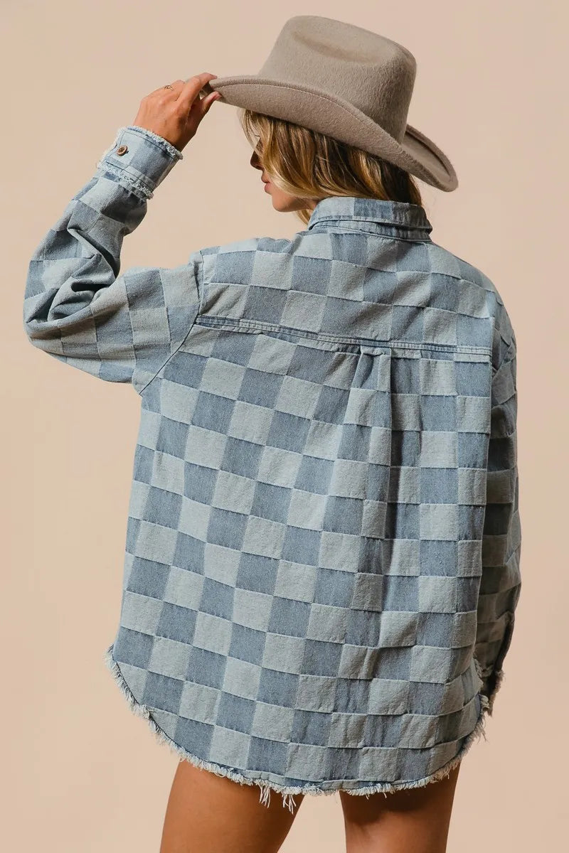 Kvinders Oversized Denim Skjorte Tjekket 100% Bomuld Frayed Kant 2
