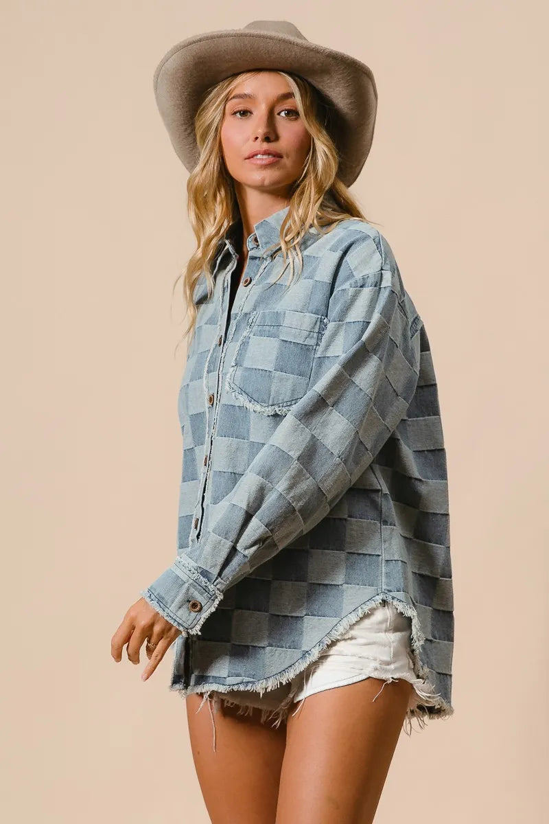 Kvinders Oversized Denim Skjorte Tjekket 100% Bomuld Frayed Kant 3