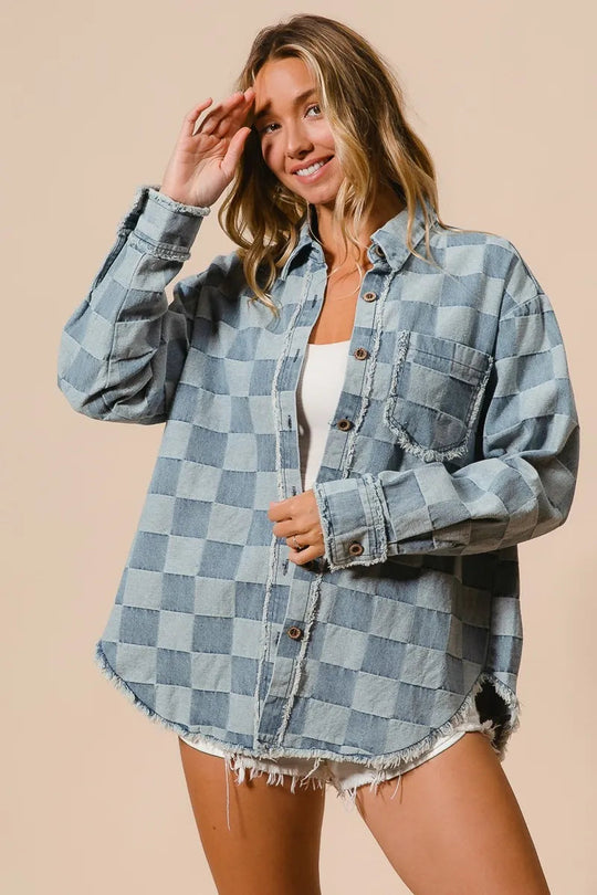 Kvinders Oversized Denim Skjorte Tjekket 100% Bomuld Frayed Kant 4