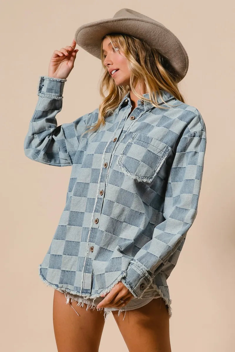 Kvinders Oversized Denim Skjorte Tjekket 100% Bomuld Frayed Kant 6