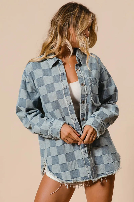 Kvinders Oversized Denim Skjorte Tjekket 100% Bomuld Frayed Kant 8