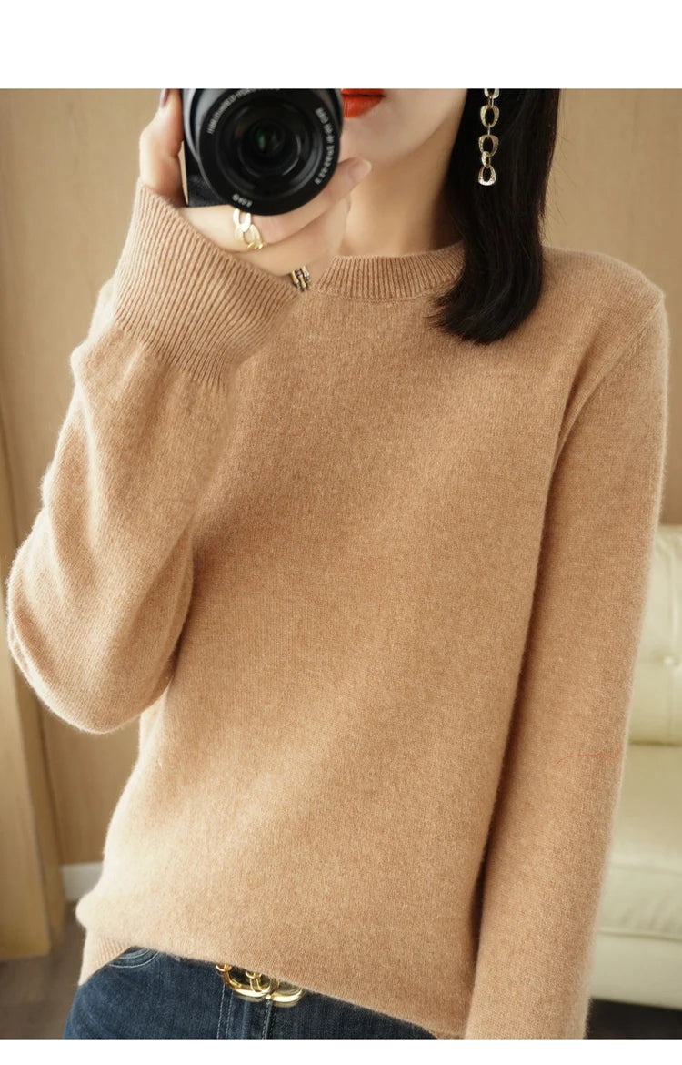 Kvinders Pullover Merino Uld O-Hals Langærmet Striktrøje 24