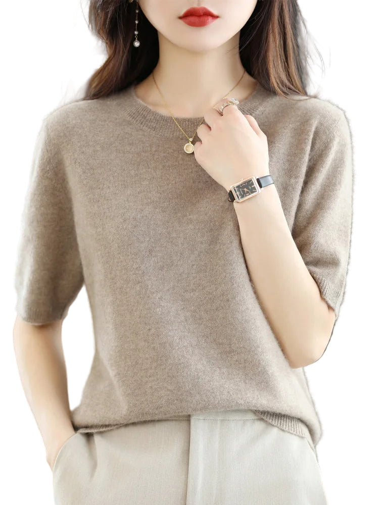 Kvinders Pullover Merino Uld O-Neck Strik T-Shirt 0