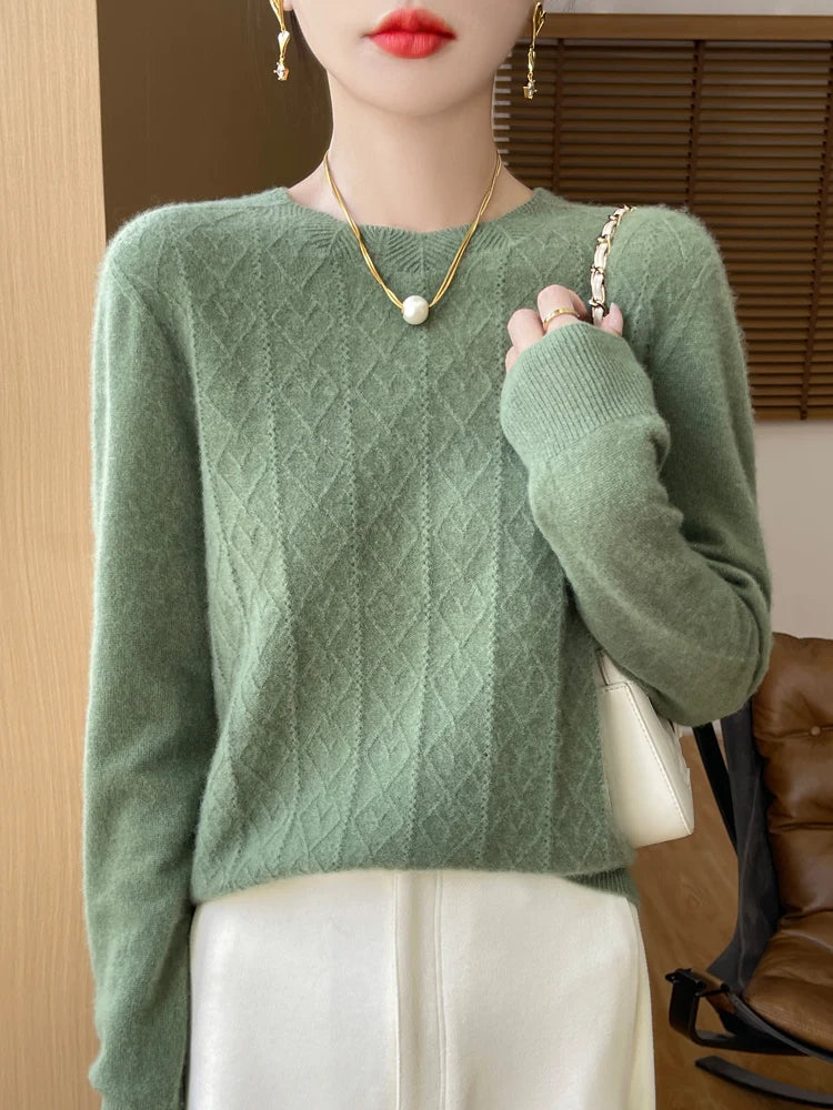 Kvinders Pullover O-Hals Merino Uld Langærmet Komfortabel Strik 12