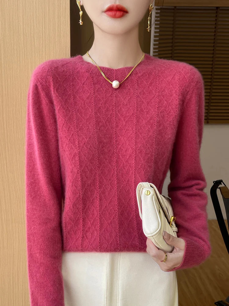 Kvinders Pullover O-Hals Merino Uld Langærmet Komfortabel Strik 8