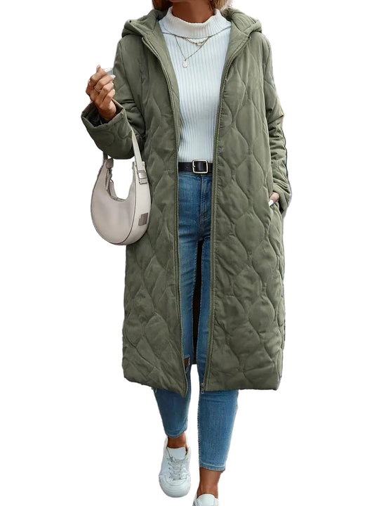 Kvinders Quiltet Frakke – Afslappet Pasform – Hætte – Fuldlængde – Lynlås 0