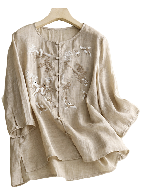 Kvinders Retro Top Rund Hals Linned Blend 0