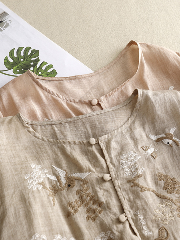 Kvinders Retro Top Rund Hals Linned Blend 1