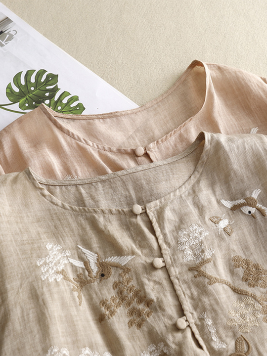 Kvinders Retro Top Rund Hals Linned Blend 1
