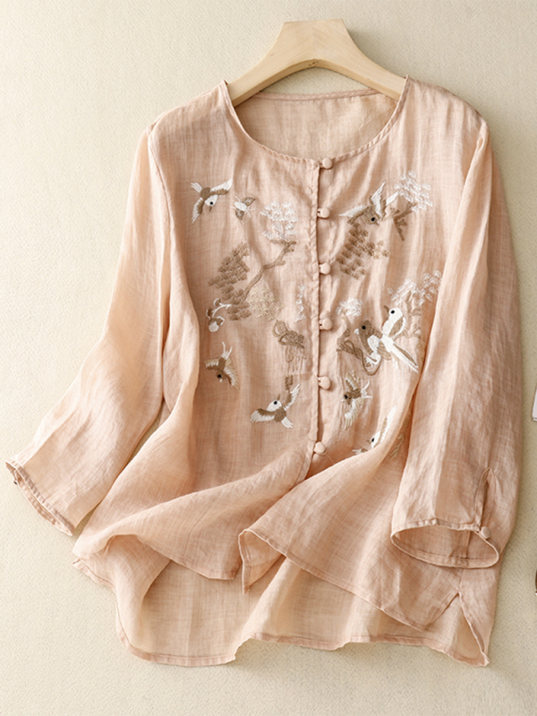 Kvinders Retro Top Rund Hals Linned Blend 6