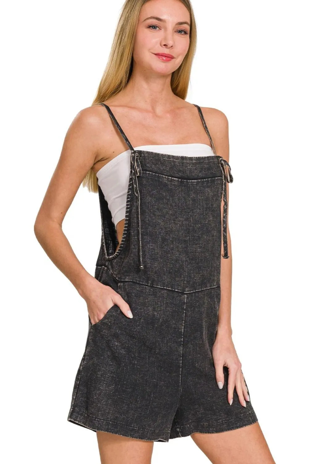 Kvinders Romper Justerbare Spaghetti Stropper Vasket Denim 1