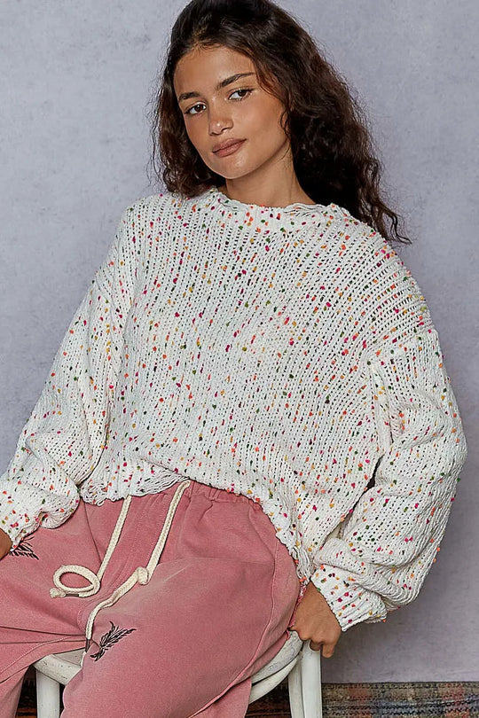 Kvinders Rund Hals Sweater Popcorn Tekstur Polyester Med Fransede Detaljer 2