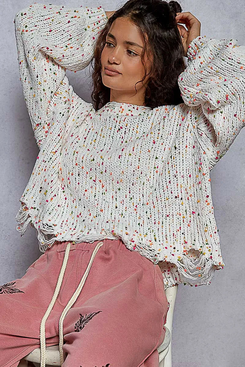 Kvinders Rund Hals Sweater Popcorn Tekstur Polyester Med Fransede Detaljer 6