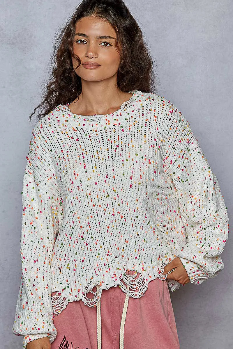 Kvinders Rund Hals Sweater Popcorn Tekstur Polyester Med Fransede Detaljer 7