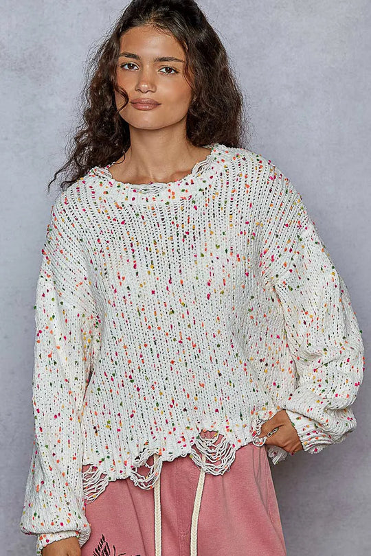 Kvinders Rund Hals Sweater Popcorn Tekstur Polyester Med Fransede Detaljer 7