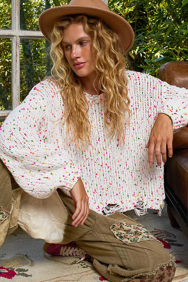 Kvinders Rund Hals Sweater Popcorn Tekstur Polyester Med Fransede Detaljer 8
