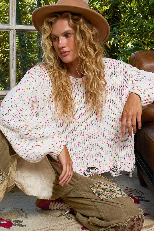 Kvinders Rund Hals Sweater Popcorn Tekstur Polyester Med Fransede Detaljer 8