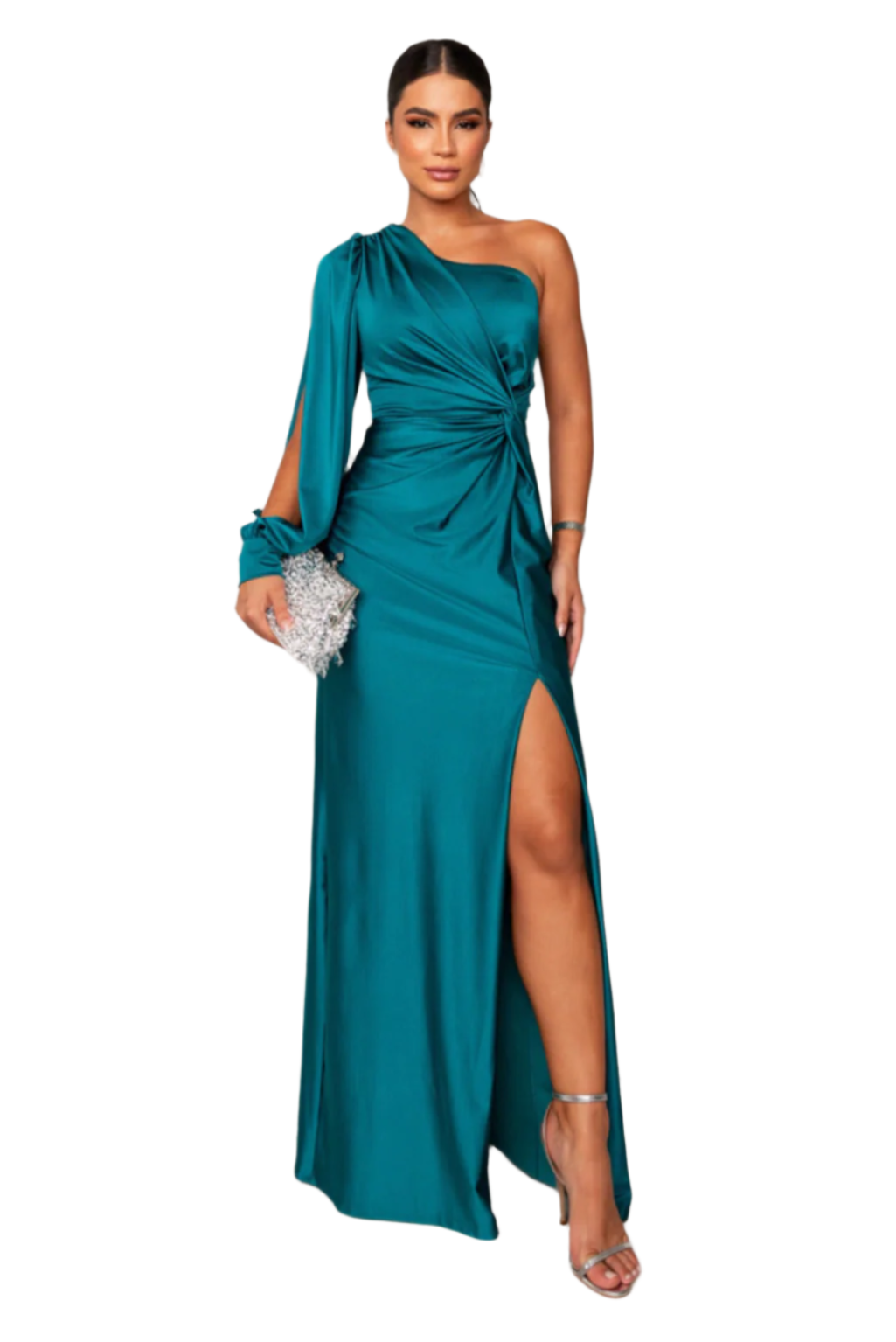 Kvinders Satin One-Sleeve Kjole med Slids 0