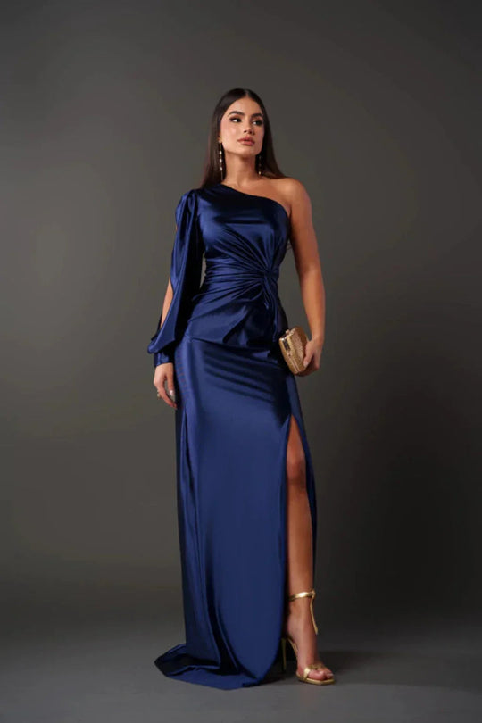 Kvinders Satin One-Sleeve Kjole med Slids 9