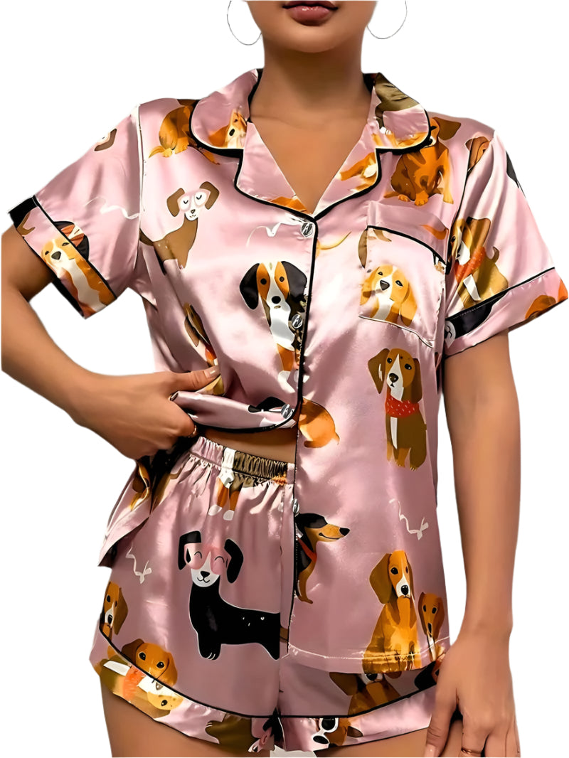 Kvinders Satin Pyjamas Sæt med Knapper 0
