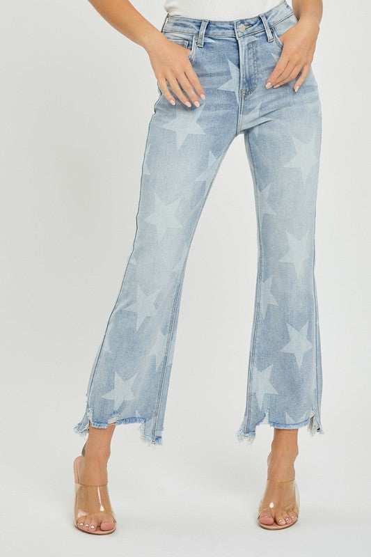 Kvinders Straight Jeans med Høj Talje og Stjerneprint i Lys Denim 1