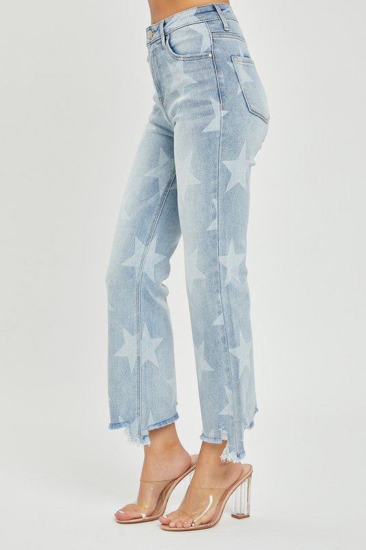 Kvinders Straight Jeans med Høj Talje og Stjerneprint i Lys Denim 3