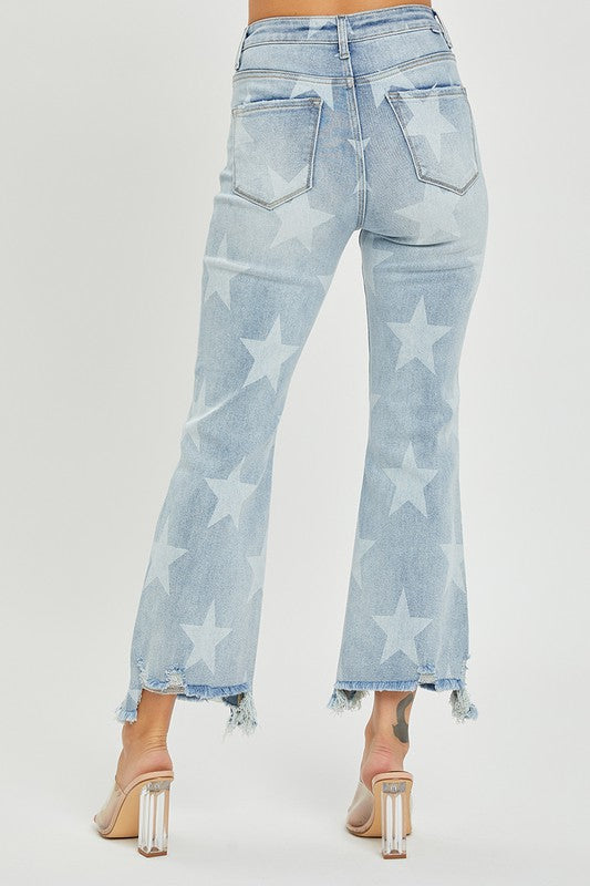 Kvinders Straight Jeans med Høj Talje og Stjerneprint i Lys Denim 4