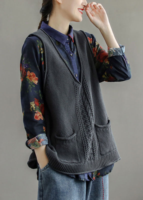 Kvinders Strik Vest med V-hals og Hule Lommer 2