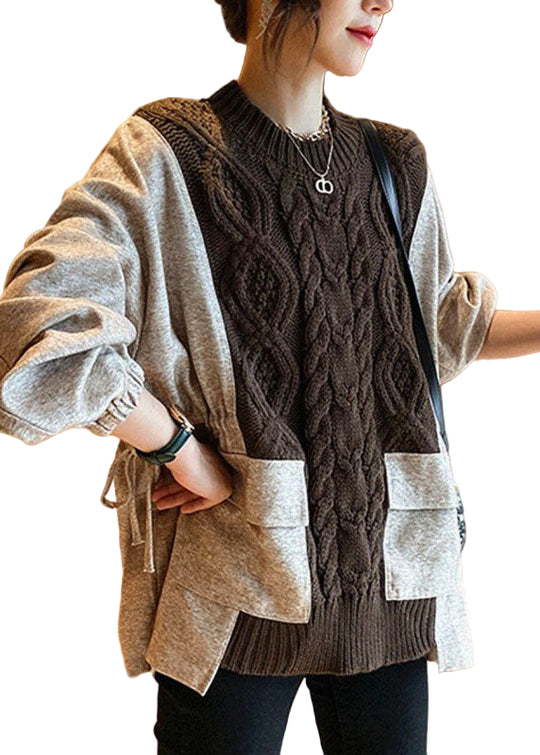 Kvinders Strikket Sweater med Patchwork Lommer 0