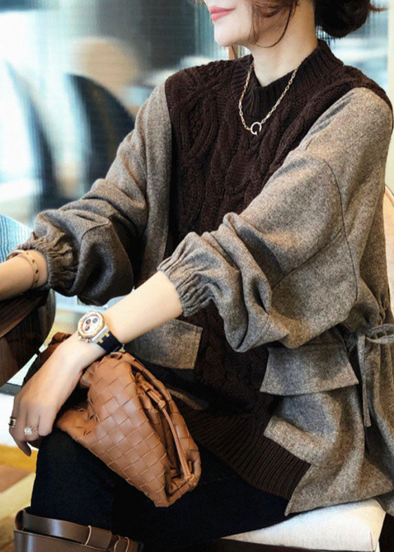 Kvinders Strikket Sweater med Patchwork Lommer 1