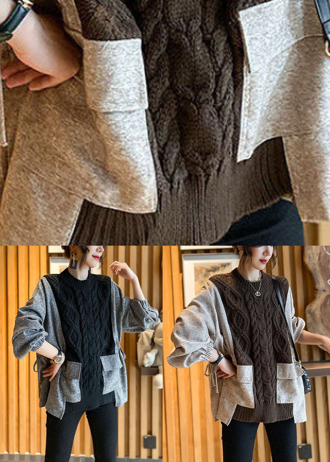 Kvinders Strikket Sweater med Patchwork Lommer 4