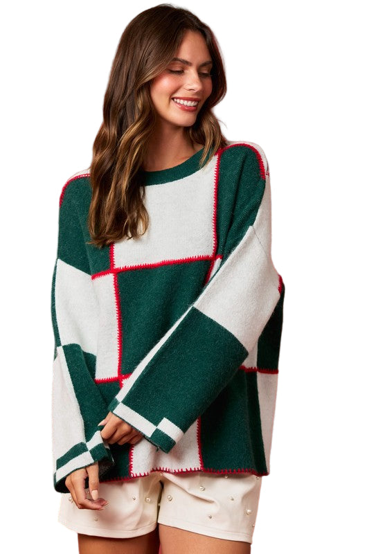 Kvinders Sweater med Farveblok og Blanket Stitch i Grøn og Hvid 0