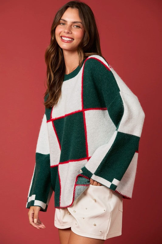 Kvinders Sweater med Farveblok og Blanket Stitch i Grøn og Hvid 2