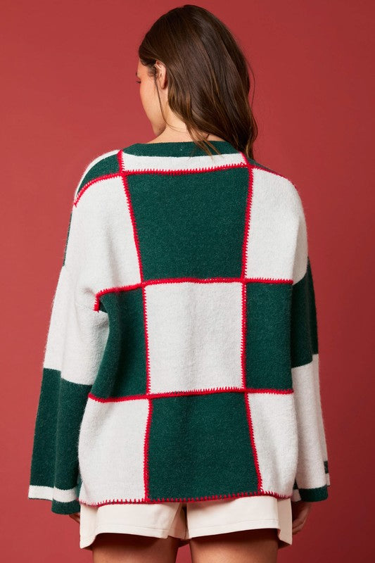Kvinders Sweater med Farveblok og Blanket Stitch i Grøn og Hvid 3