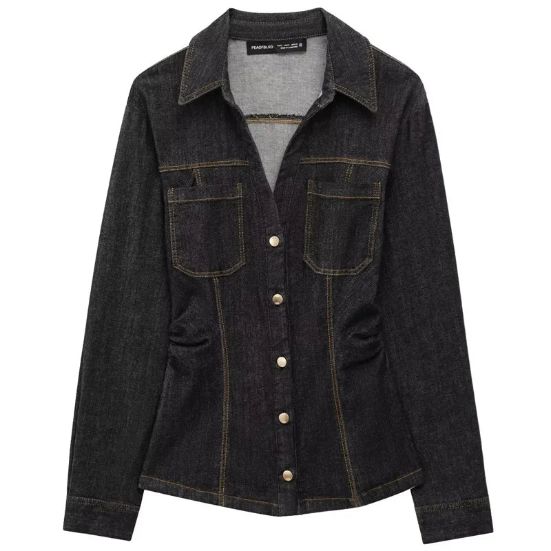 Kvinders To-delt Sæt Denim Langærmet Skjorte og Højtaljede Flared Bukser 0