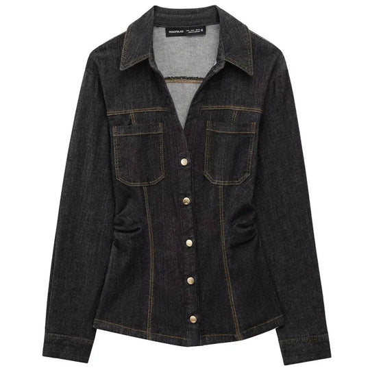 Kvinders To-delt Sæt Denim Langærmet Skjorte og Højtaljede Flared Bukser 0