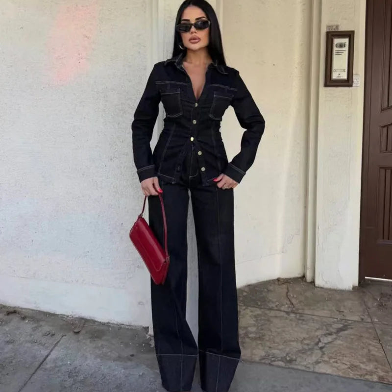 Kvinders To-delt Sæt Denim Langærmet Skjorte og Højtaljede Flared Bukser 1