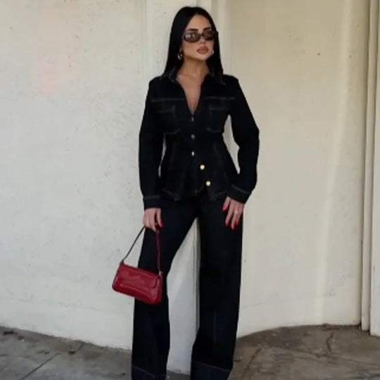 Kvinders To-delt Sæt Denim Langærmet Skjorte og Højtaljede Flared Bukser 3